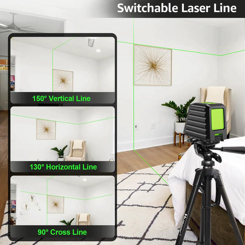 Self Leveling Green Cross Line Laser Level Box 1G For Picture Hanging Tile Decoration And DIY Construction demonstrating angles