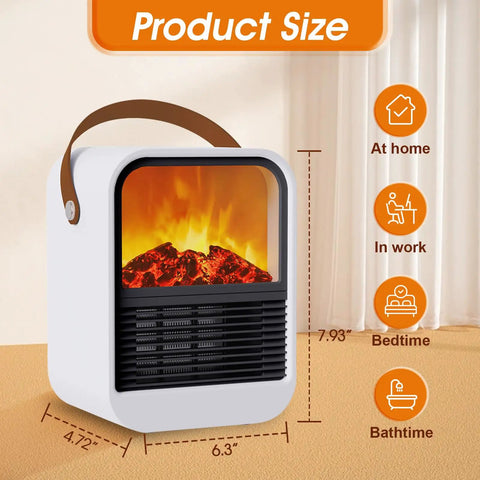 Compact Electric Fireplace Heater For Small Rooms With Real 3D Flame Vibe, PTC Ceramic Heating, sized for bedroom or office.