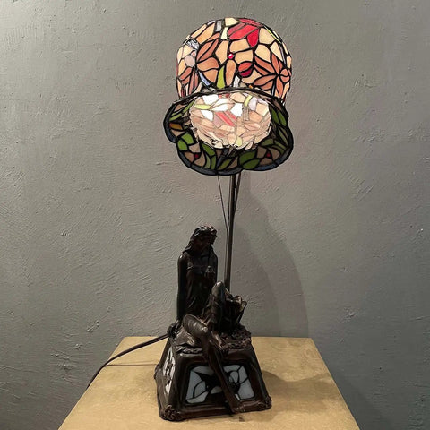 Lily Flower Tiffany Style Stained Glass Table Lamp With Girl Figurine Base, Handmade Nightstand Light, Warm White Glow.
