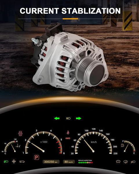 Premium Auto Alternator Replacement for Hyundai Elantra 2011-2017, showing alternator design and dashboard indicators