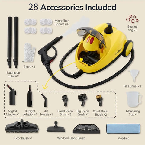 Heavy Duty Steam Cleaner With 2L Water Tank, 28 Piece All In One Multipurpose Kit showing accessories for deep cleaning