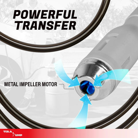 TERA PUMP TRFA01-XL battery-powered fuel transfer pump with vinyl hose and metal impeller motor