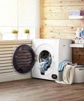 Lazy Sunday Fully Automatic Washing Machine With One Touch Auto Timer And Super Low Energy Draw Featuring Six Wash Cycles Plus Deep Extra Rinse Rounds For Fresh Threads On Overstuffed Loads in a modern laundry room.