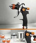 Top Shelf Hvp Spray Gun Kit Featuring Heavy Duty Aluminum And Disposable Cups With Multiple Precision Nozzles For Smoother Auto Paint Finishes That Truly Hit Different, showcasing gun with nozzle and disposable cups.