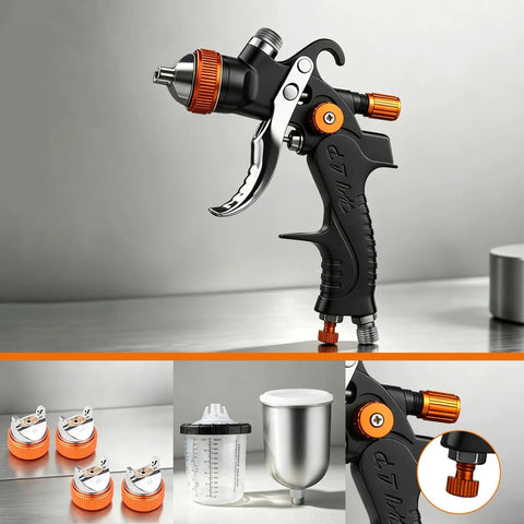Top Shelf Hvp Spray Gun Kit Featuring Heavy Duty Aluminum And Disposable Cups With Multiple Precision Nozzles For Smoother Auto Paint Finishes That Truly Hit Different, showcasing gun with nozzle and disposable cups.
