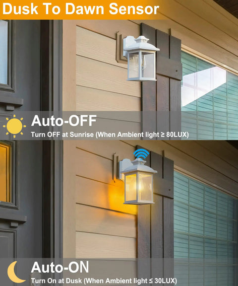 Dusk To Dawn Outdoor Wall Lantern With Sensor Waterproof Porch Light showing auto-off at sunrise and auto-on at dusk on house wall.