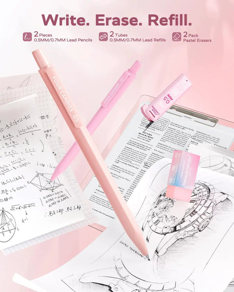 All In One Back To School Supplies Set With Case Including Black Ink Gel Pens, Correction Tapes, Pastel Highlighters, Mechanical Pencils, Erasers, Sticky Notes, Index Tabs, And Bible Study Stationery Essentials For College, featuring pink mechanical pencils, erasers, and refills on a desk with drawings and notes.