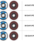 Pro Flap Disc Set Four And A Half Inch Twenty Pack For Angle Grinder, Assorted Grits 40 60 80 120, Aluminum Oxide Sanding Discs