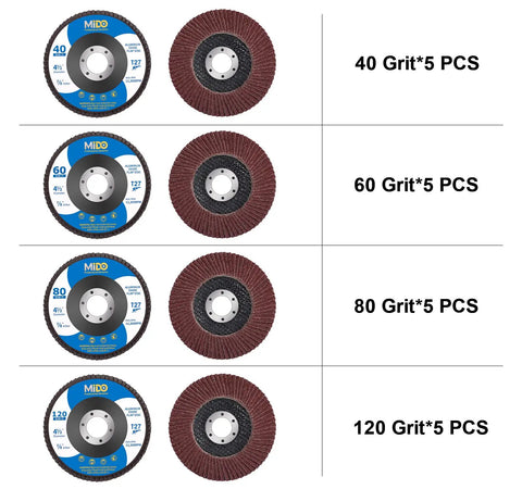 Pro Flap Disc Set Four And A Half Inch Twenty Pack For Angle Grinder, Assorted Grits 40 60 80 120, Aluminum Oxide Sanding Discs