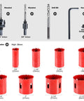 Heavy Duty 16 Piece Cobalt Bi Metal Hole Saw Kit including mandrels, drill bits, hex keys, and nine saw blades for wood and metal.