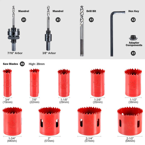 Heavy Duty 16 Piece Cobalt Bi Metal Hole Saw Kit including mandrels, drill bits, hex keys, and nine saw blades for wood and metal.
