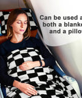 2 In 1 Travel Blanket And Pillow Set With Convertible Pillowcase Lightweight Microfleece Comfort for Airplane and Road Trips On The Go Includes Hand Luggage Sleeve And Backpack Clip Checkered Black, woman sleeping under blanket on airplane