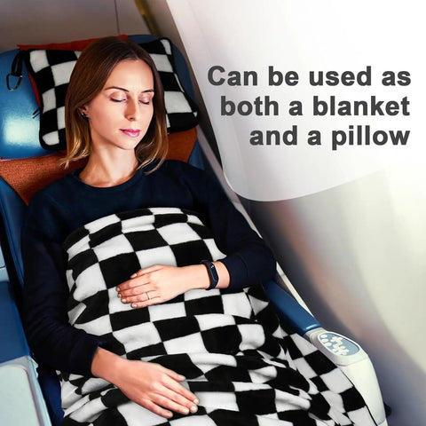 2 In 1 Travel Blanket And Pillow Set With Convertible Pillowcase Lightweight Microfleece Comfort for Airplane and Road Trips On The Go Includes Hand Luggage Sleeve And Backpack Clip Checkered Black, woman sleeping under blanket on airplane