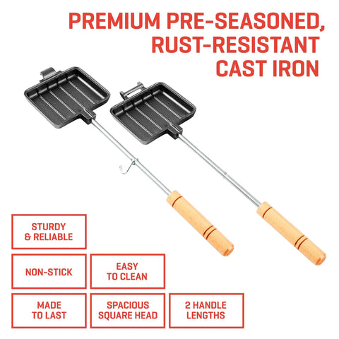 Cast Iron Pudgy Pie Maker For Campfire And Outdoors With Extended Handle Built For Easy Grilling Pre Seasoned Heavy Duty Pie Iron