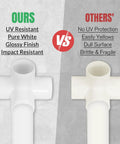 Comparison of 20 Pack 1/2 Inch Four Way PVC Fittings highlighting UV resistance, color, and finish differences.