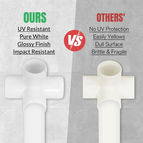 Comparison of 20 Pack 1/2 Inch Four Way PVC Fittings highlighting UV resistance, color, and finish differences.
