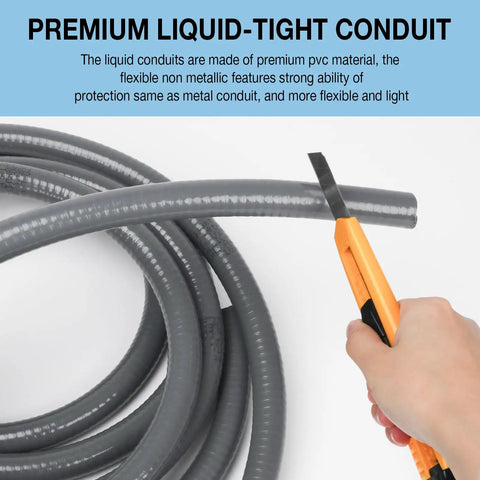 Cutting 6 ft Liquid Tight PVC Electrical Conduit Kit showcasing flexible non-metallic material for wire protection.