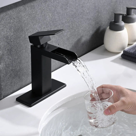 Matte Black Waterfall Single Handle Bathroom Faucet With Pop Up Drain Single Hole Vanity Tap 304 Stainless Steel Supply Line filling a glass