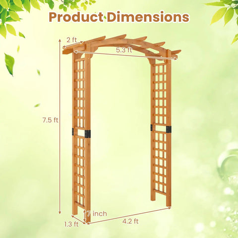 Arched-Top Wooden Garden Arch For Outdoor Use, 7.5 Ft Tall Trellis Arbor For Climbing Plants, roses and vines, with dimensions