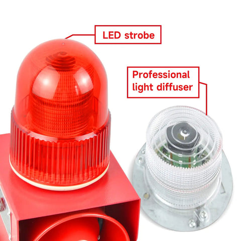 Beefy Sound And Light Alarm Siren With LED Strobe 120dB Outdoor Security Horn 25W AC110V red strobe light diffuser close-up