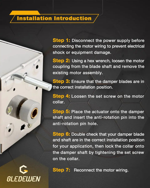 Installation steps for No Fuss 24V Spring Return Damper Actuator Motor For HVAC Zone Dampers. Detailed guide with close-up image.
