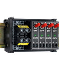 Four Channel Toggle Switch Power Distribution Module For DIN Rail Mount With LED On Off Indicators And DC Input Range Three To Thirty Two Volts