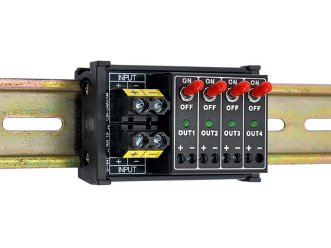 Four Channel Toggle Switch Power Distribution Module For DIN Rail Mount With LED On Off Indicators And DC Input Range Three To Thirty Two Volts