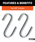 Image of two 3/8 inch S-hooks from a 48 Inch Trailer Safety Chain With Three Eighths Inch S Hooks, Grade 30 Chain, Two Thousand Pound Break Strength For Towing.