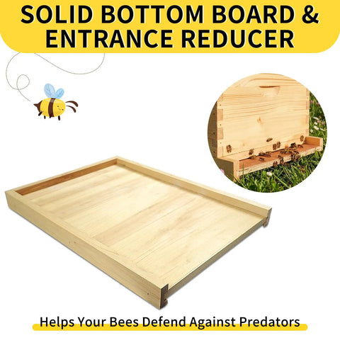 Natural Wood 10 Frame Langstroth Beehive Parts Kit featuring solid bottom board and entrance reducer for bee protection.