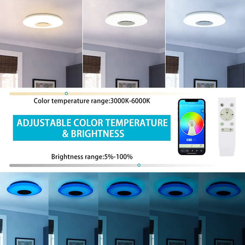 LED Starlight Ceiling Light with Bluetooth Speaker 36W dimmable color changing lamp showing temperature and brightness ranges