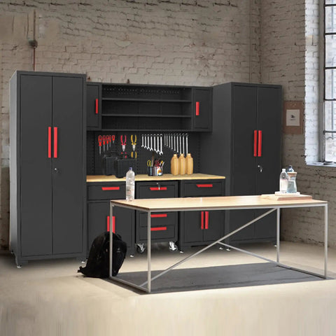 8 Piece Garage Storage Cabinet System With Locking Steel Cabinets Rolling Chest Pegboard And Workbench Black Pro Grade