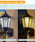 Image of Solar Wall Lantern Outdoor Light Dusk To Dawn, dimmable, waterproof with 21 inch aluminum housing and glass, dual modes shown.