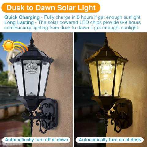 Image of Solar Wall Lantern Outdoor Light Dusk To Dawn, dimmable, waterproof with 21 inch aluminum housing and glass, dual modes shown.