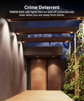 PAR30 D2D LED lights in a modern outdoor setting, providing automatic lighting for security purposes at night.