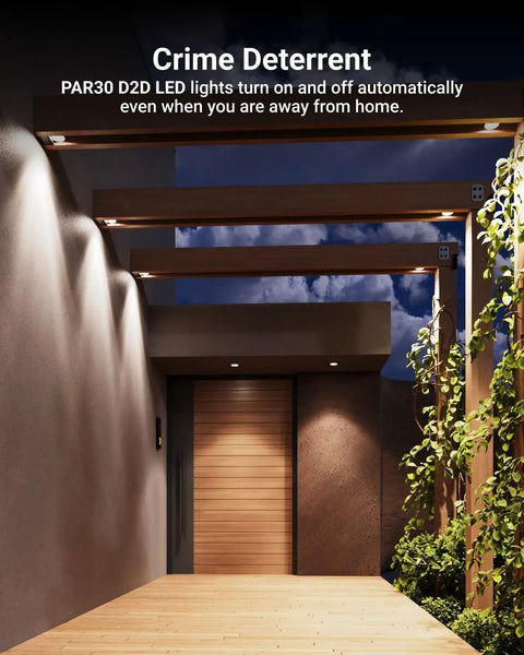 PAR30 D2D LED lights in a modern outdoor setting, providing automatic lighting for security purposes at night.