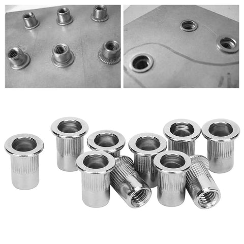 Bulk 50Pcs Blind Rivet Nuts Set M6 Stainless Steel Ribbed Nuts For Automotive Projects Elevators Switches Instruments And Furniture Hardware Accessories Glomora shown installed in metal panel and as individual pieces