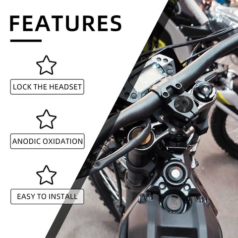 Top view of electric dirt bike with features list, showing stem lock and headset spacer kit installation.