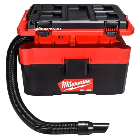 Heavy Duty 2.5 Gallon Cordless Wet And Dry Shop Vacuum Delivering 87 DB Whisper Quiet Runtime And Badass Suction For Fast Debris Clearing On Any Job Site in red and black with hose attachment.