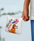 Funny Golden Retriever Putter Headcover Mallet Putters With Embroidered Birdie Hunting Pattern held by person outdoors