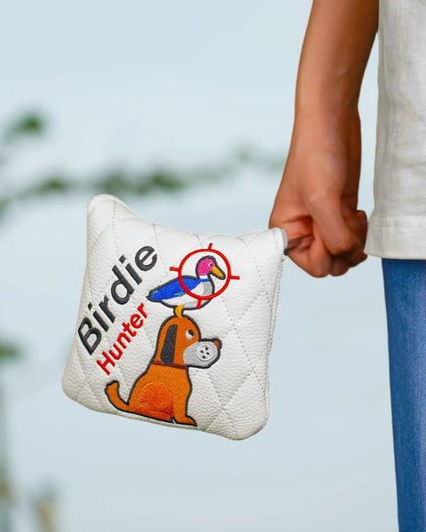 Funny Golden Retriever Putter Headcover Mallet Putters With Embroidered Birdie Hunting Pattern held by person outdoors