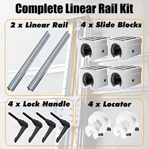 Heavy Duty SBR Linear Slide Rail Set For Precision Machine Tools With 2000 Lbs Load Bearing Steel Block and Smooth Low Friction Motion Guides - Complete kit with rails and sliders.