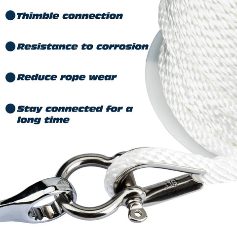 Close-up of Braided Anchor Rope with stainless steel thimble and shackle, highlighting durability and corrosion resistance.