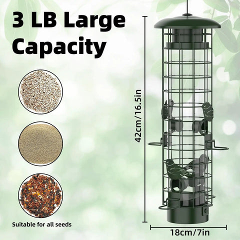 Green gravity fed squirrel proof bird feeder for outdoors easy hangin with metal mesh design large 3lb capacity