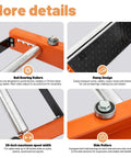 Heavy Duty Cable Roller Stand With 28-Inch Reel Capacity details including ball bearing rollers, ramp design, and side rollers.