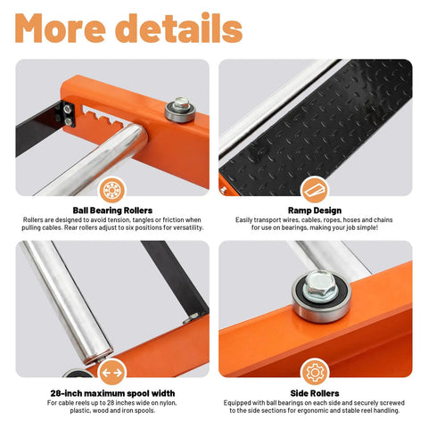 Heavy Duty Cable Roller Stand With 28-Inch Reel Capacity details including ball bearing rollers, ramp design, and side rollers.