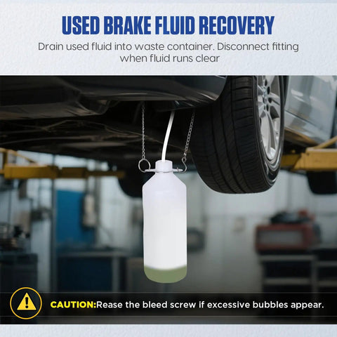 Used brake fluid recovery with 1L waste oil bottle from 3L Brake Bleed Kit With Manual Brake Bleeder Vacuum Pump Includes 1L Waste Oil Bottle