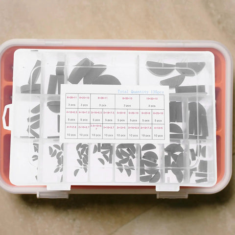All-In-One Woodruff Key Assortment Kit In Carbon Steel M2-M10 half moon keys in a storage box with size chart visible.