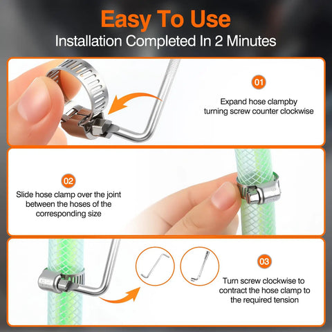 217 Piece Stainless Steel Hose Clamp Kit installation steps with hands using clamp on hose