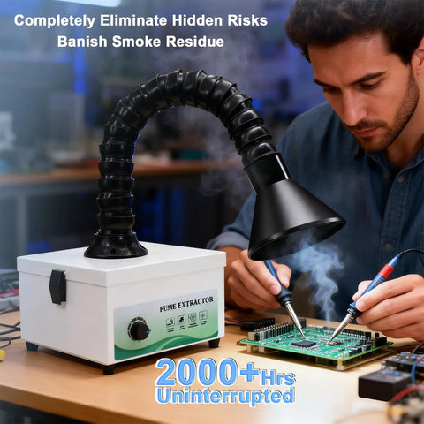 Top Tier Solder Fume Extractor With 105 Cubic Meter Per Hour Suction, compact design, adjustable hose, used for soldering electronics.
