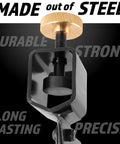 Pro Grind lathe tool sharpening jig with brass adjustment knob and black clamp (close-up view)